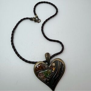 Bronze Tone Abalone Rhinestones Metal Heart Braided Leather Necklace Modernist